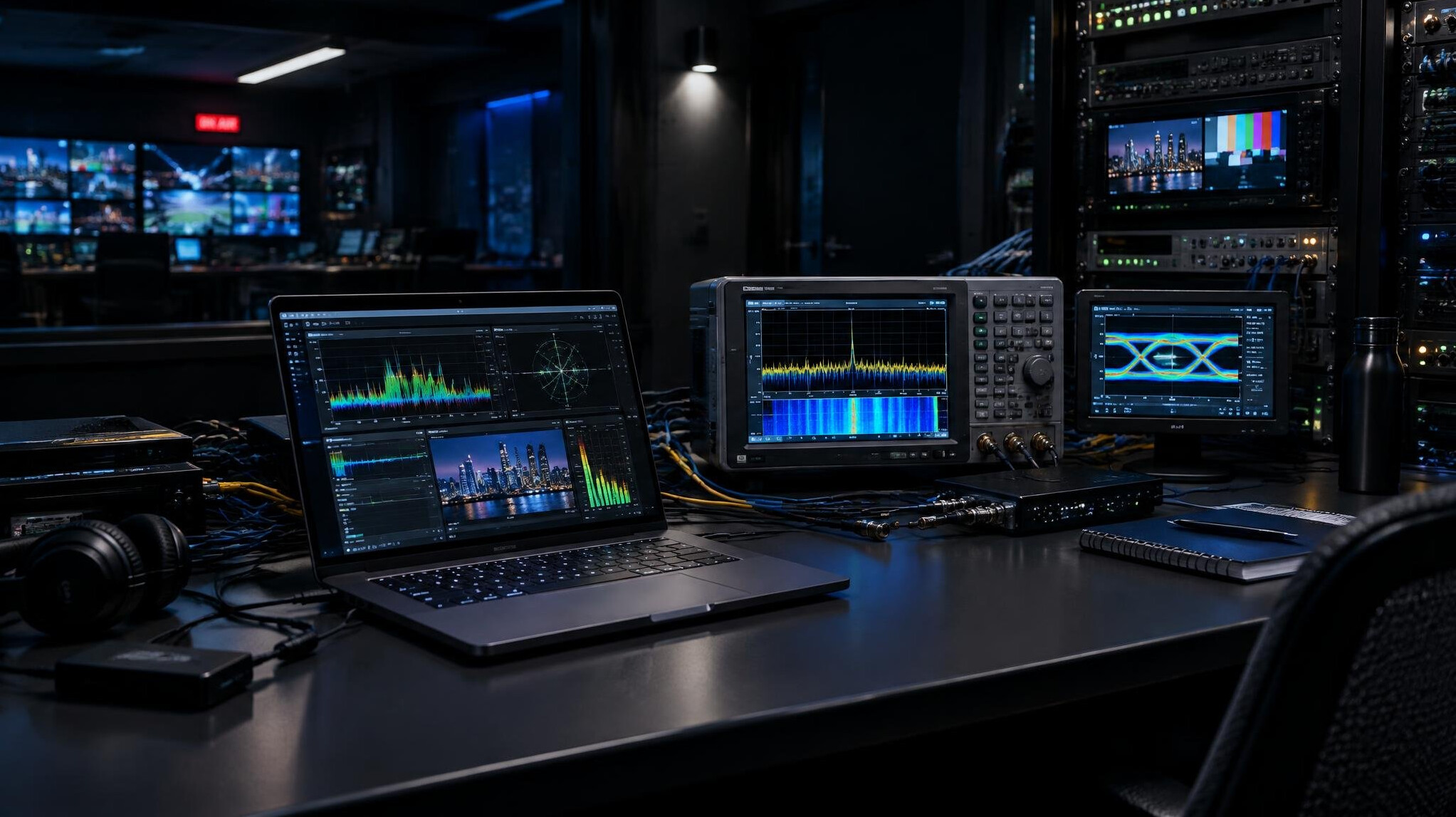Laptop and equipment on a technical workstation desk