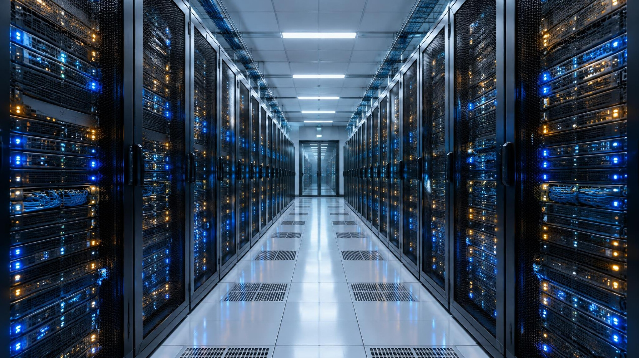 Rows of servers with glowing lights in a data centre