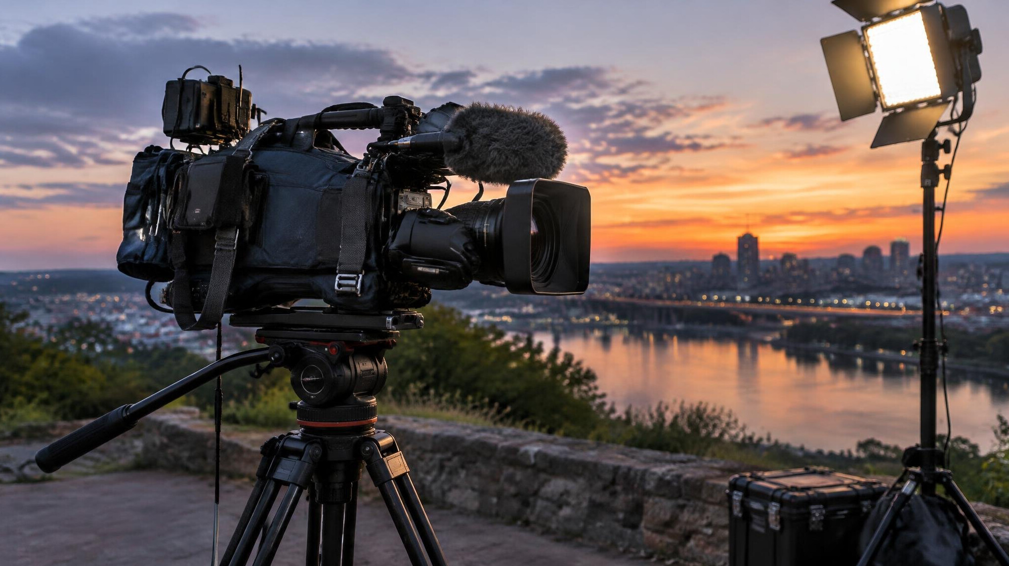 Camera operator rig on a film and news set