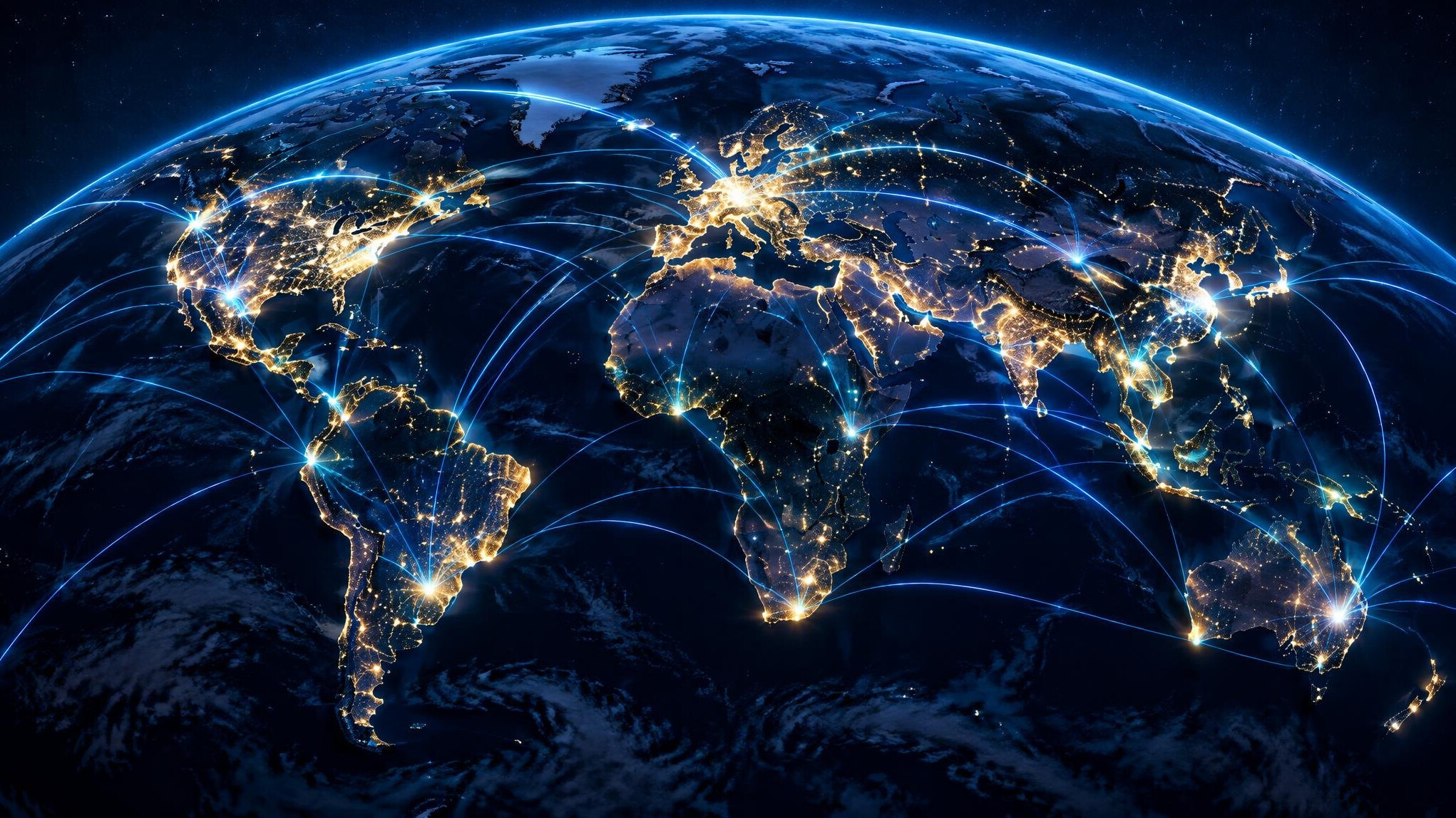 Glowing global network lines across the Earth at night