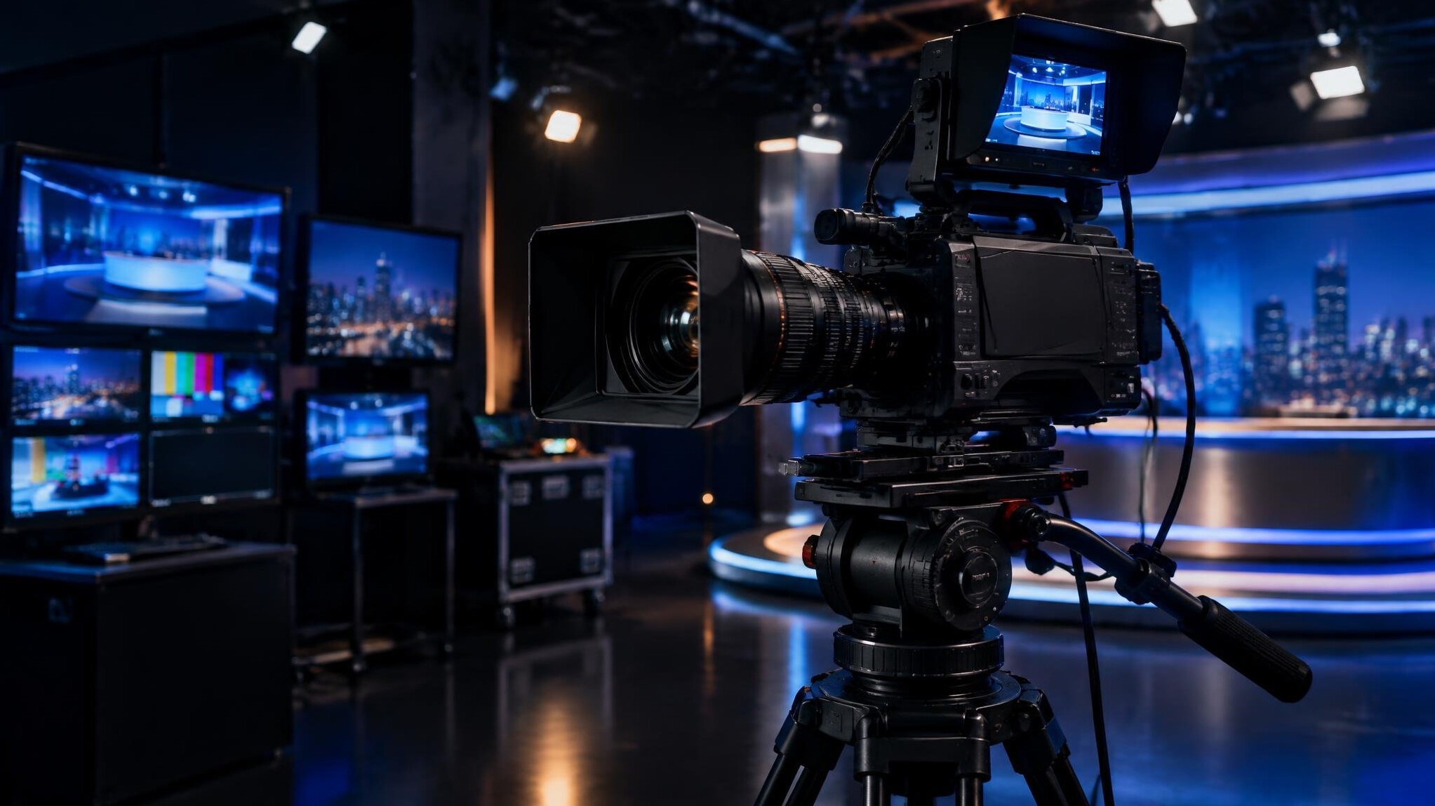 Professional broadcast video camera on a tripod in a television studio