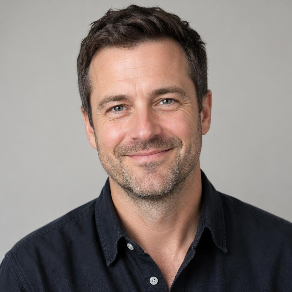 Portrait of a smiling man with short dark hair in a casual shirt
